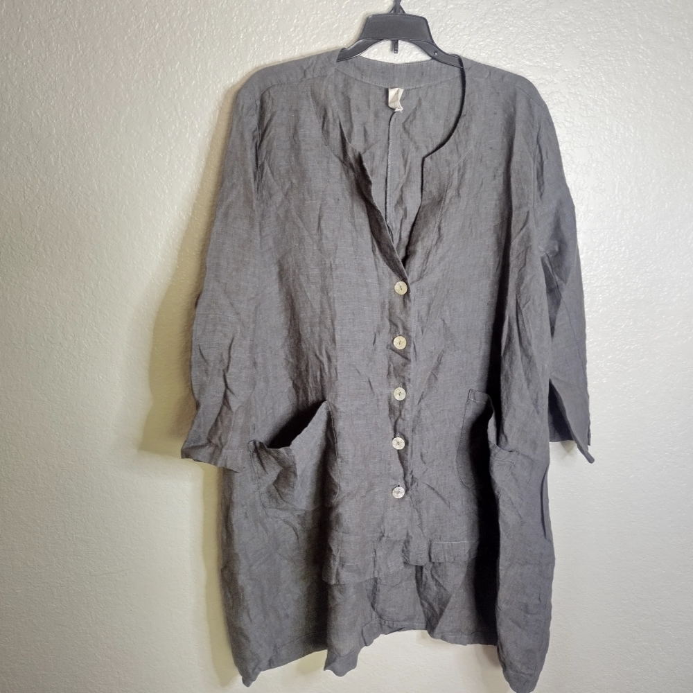 Chalet Linen Lagenlook Hi Low Button Down Pockets Tunic Top Sz Xl